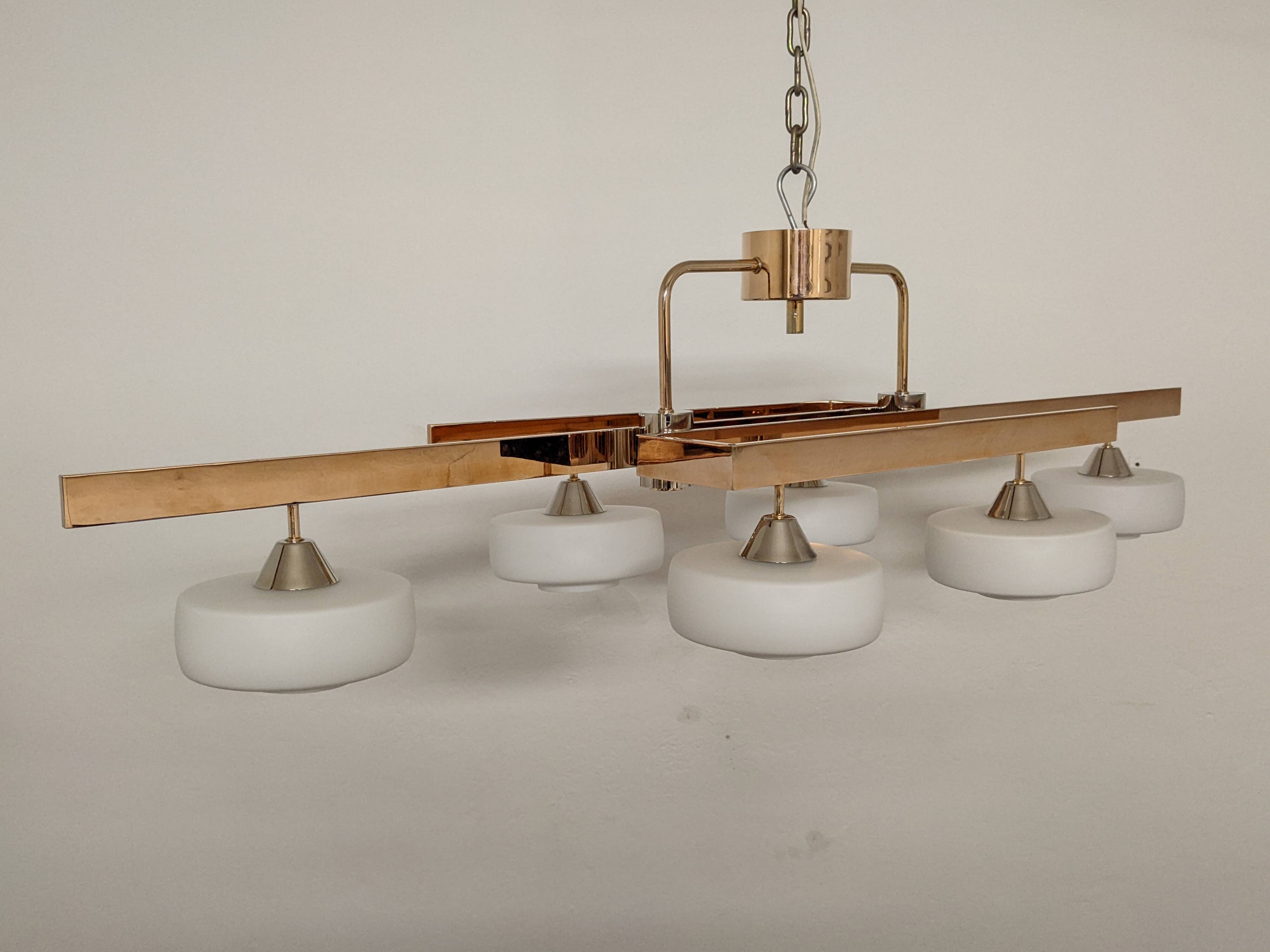 Arlus chandelier with 6 lights in opaline and brass from the 60s/70s