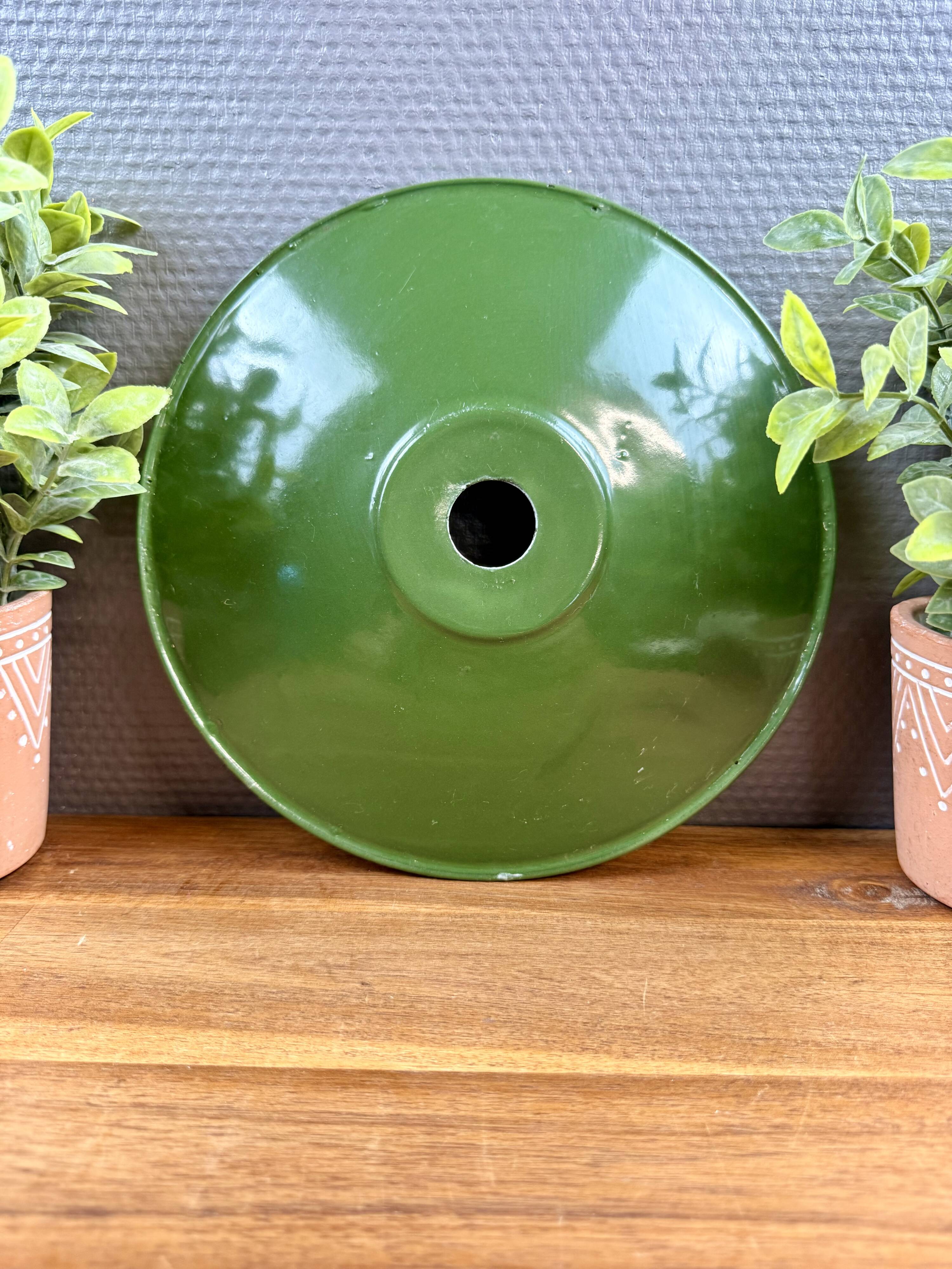 Old industrial workshop lampshade in green enamelled sheet metal.