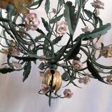 Lustre cage tôle et fleurs émaillées 19ème siècle