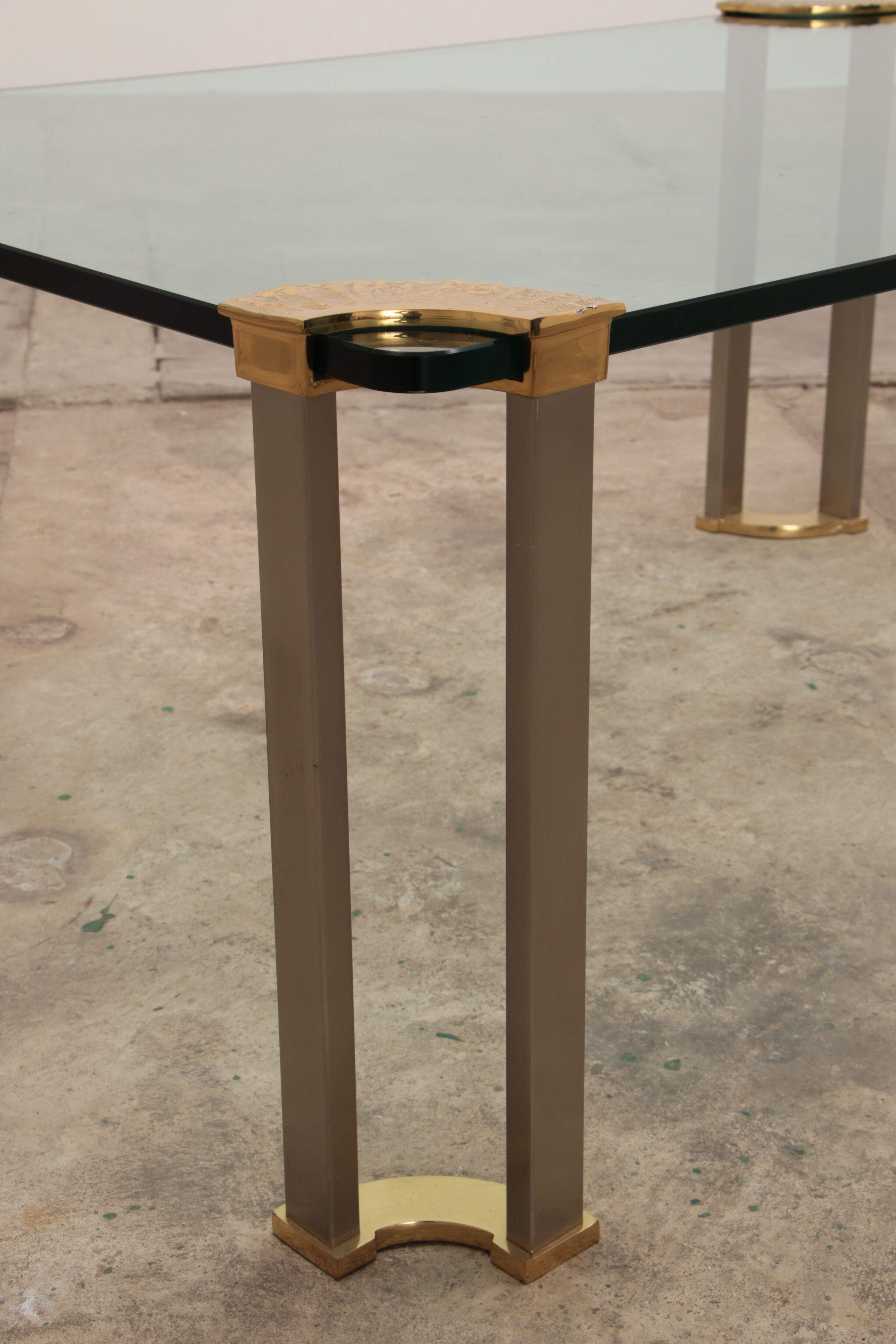 Hollywood regency gold glass coffee table with glass side table 1970