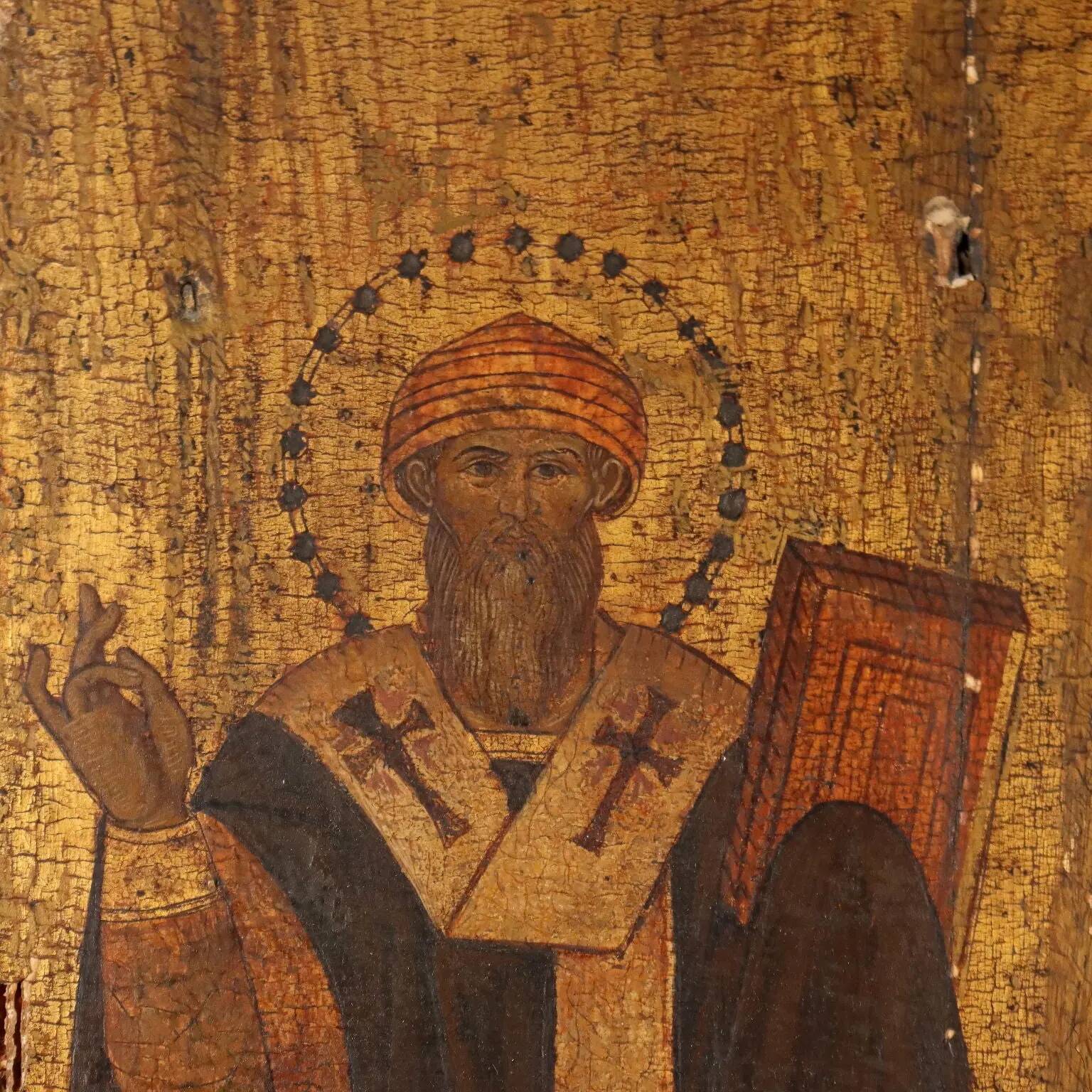 Icône ancienne avec les saints Athanase et Cyrille, tempera sur panneau