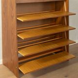 Classic shoe cabinet from the 1960s, walnut veneer, four drop-down doors, two drawers