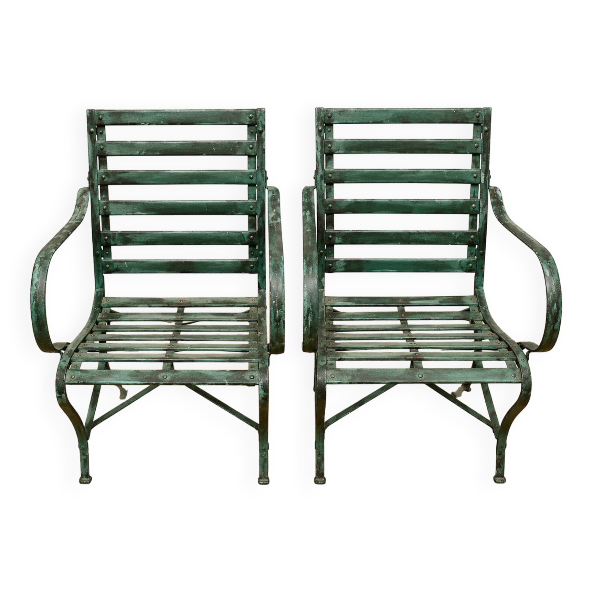 Pair of garden armchairs in wood and iron – Antique work from the late 19th century