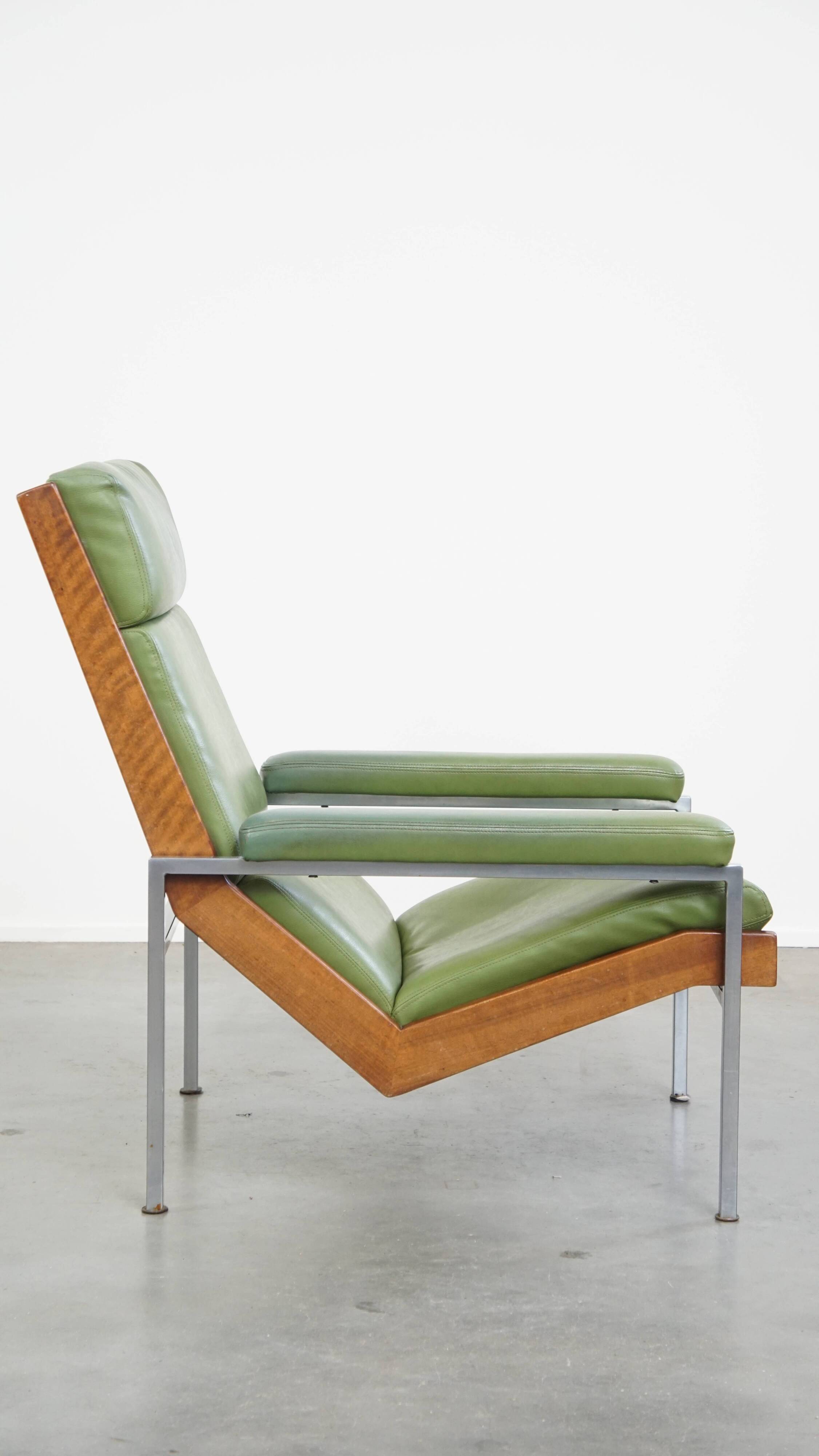 Green Cowhide Leather and Wooden Vintage Armchair