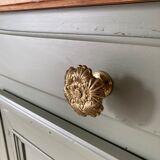 Pastel green low buffet, raw wood tray