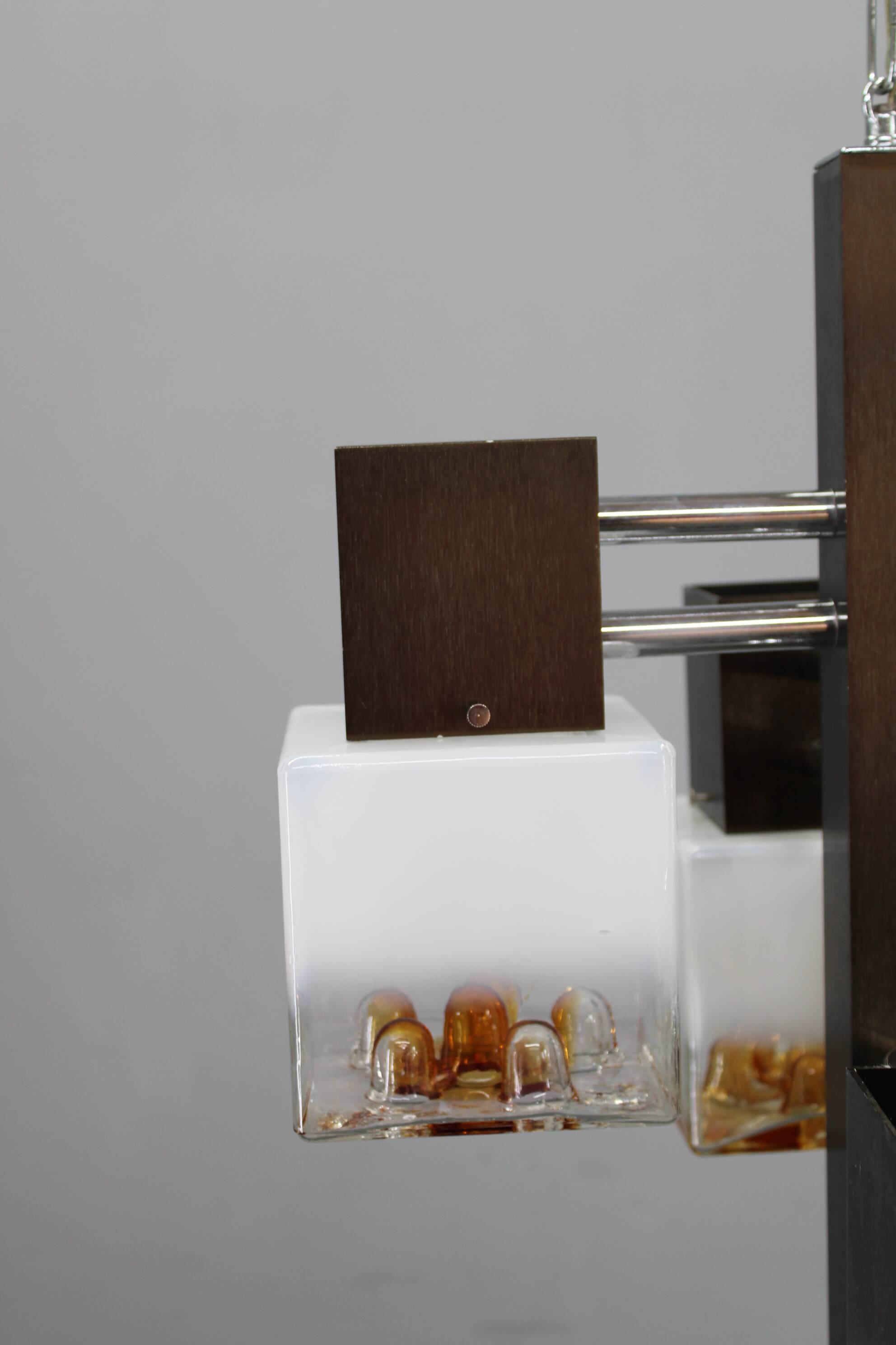 1970s Italian chandelier with Murano glass shades and anodized metal frame