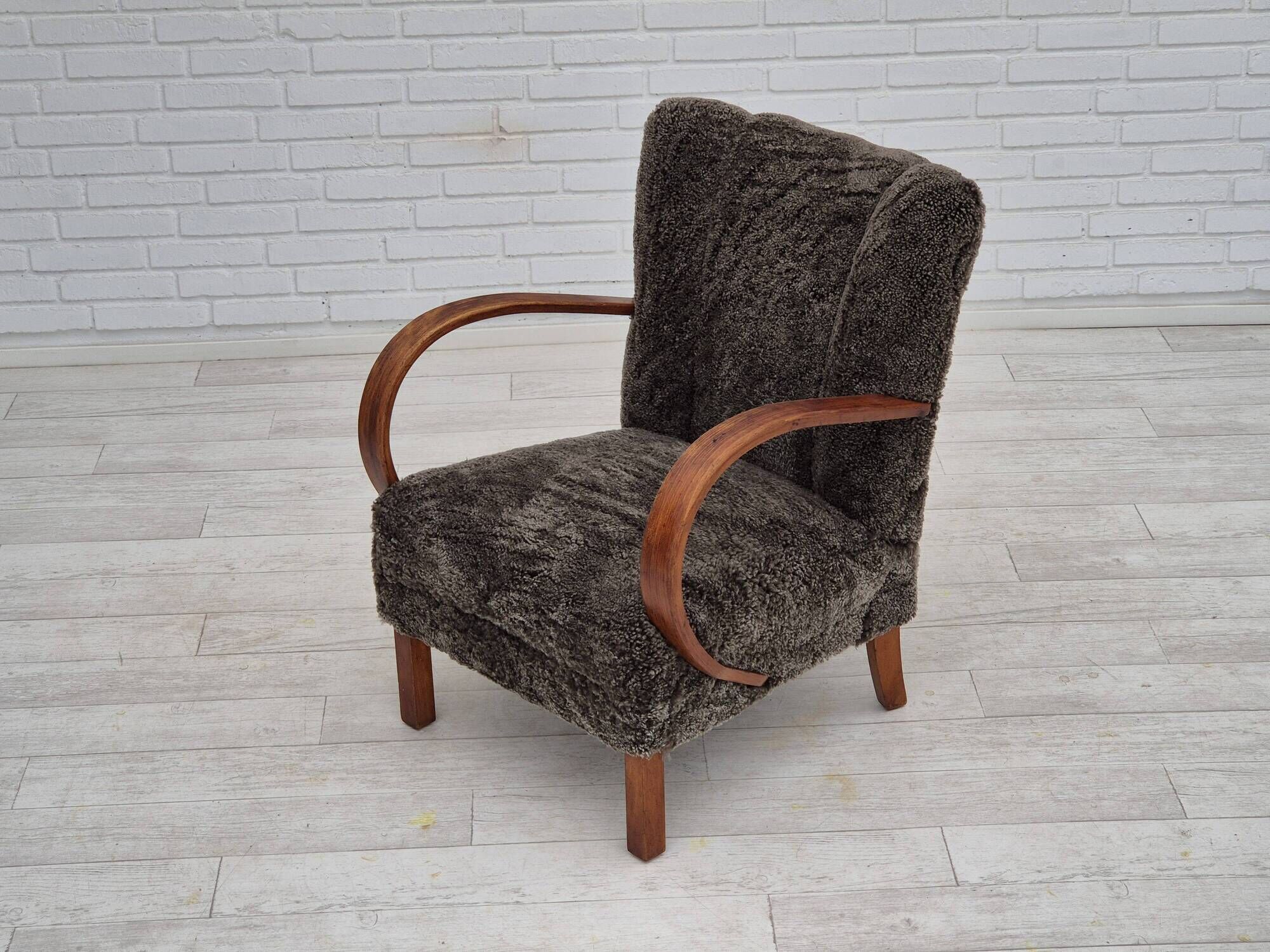 1950s, Danish design, reupholstered armchair, genuine sheepskin "Wellington".