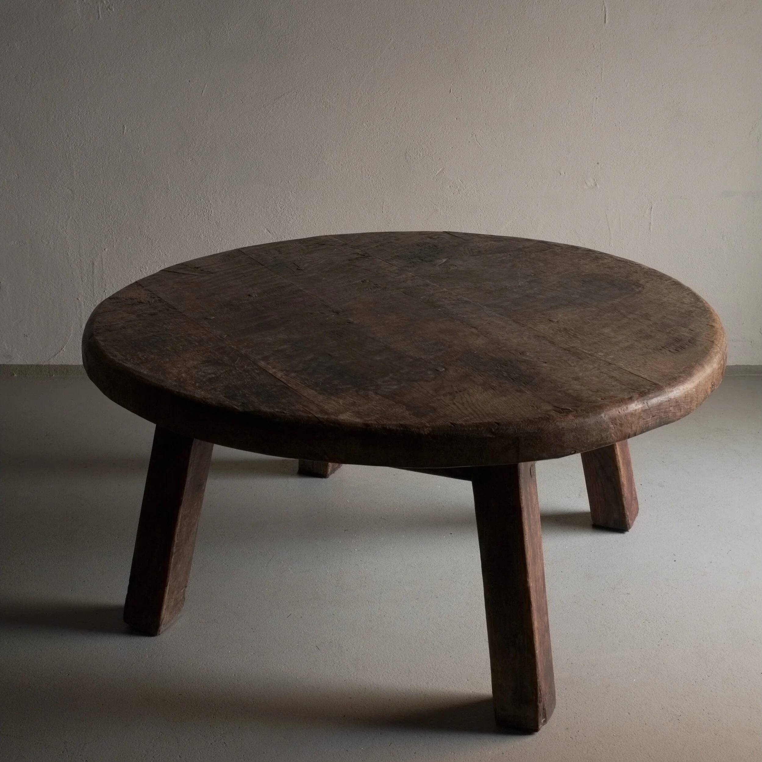 Brutalist oak round coffee table, Belgium, 1950s