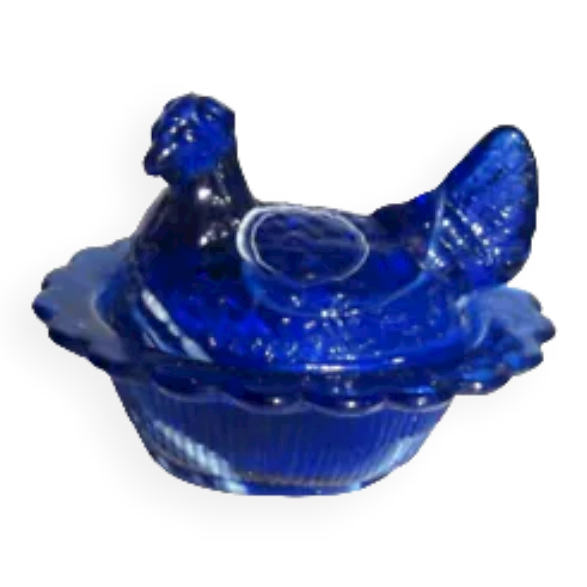 Box slurry hen on her nest, cobalt blue opaline salt shaker, vallérysthal