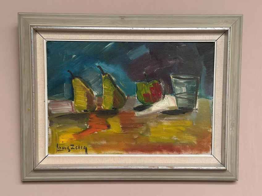 Original Mid Century Oil On Canvas – “Fruit” By Louis Zelig – Vintage & Framed 72 × 55 Cm