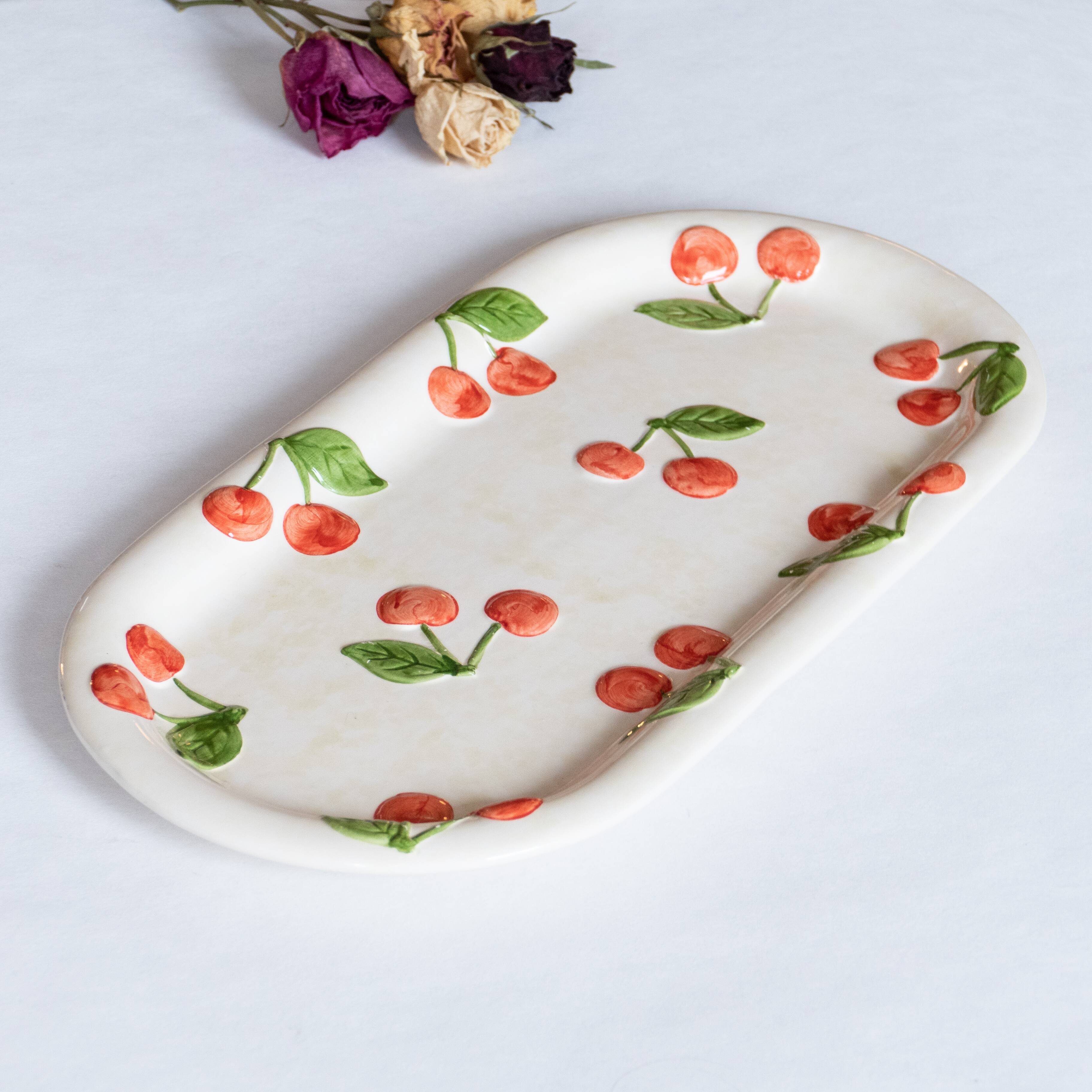 Old cake dish in cherry slip