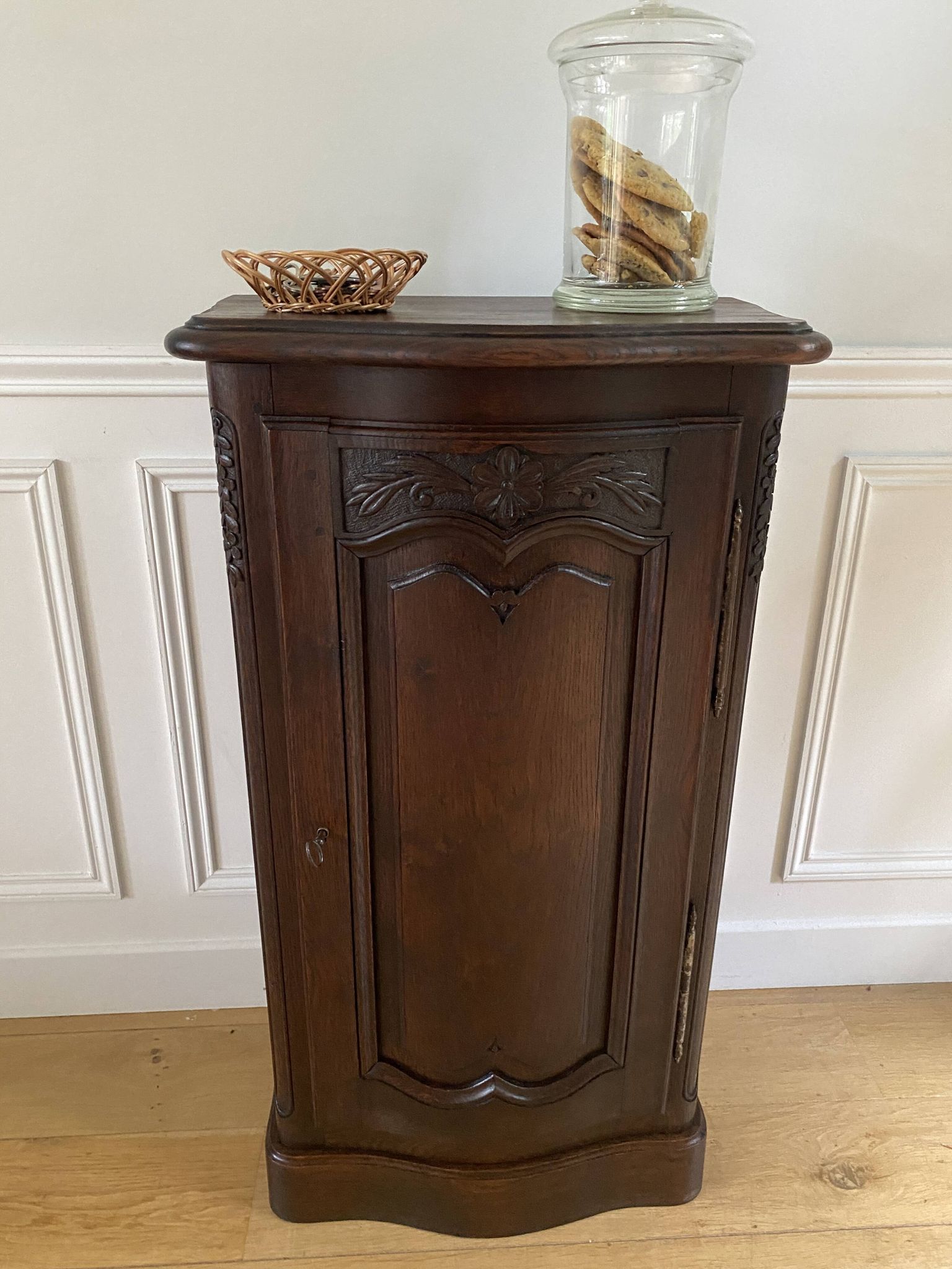Jam cupboard, entrance furniture, antique carved solid oak occasional furniture