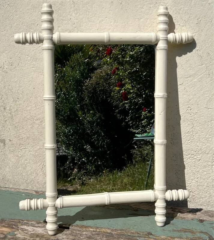 Vintage wooden turned mirror, white, rectangular, 1940s.