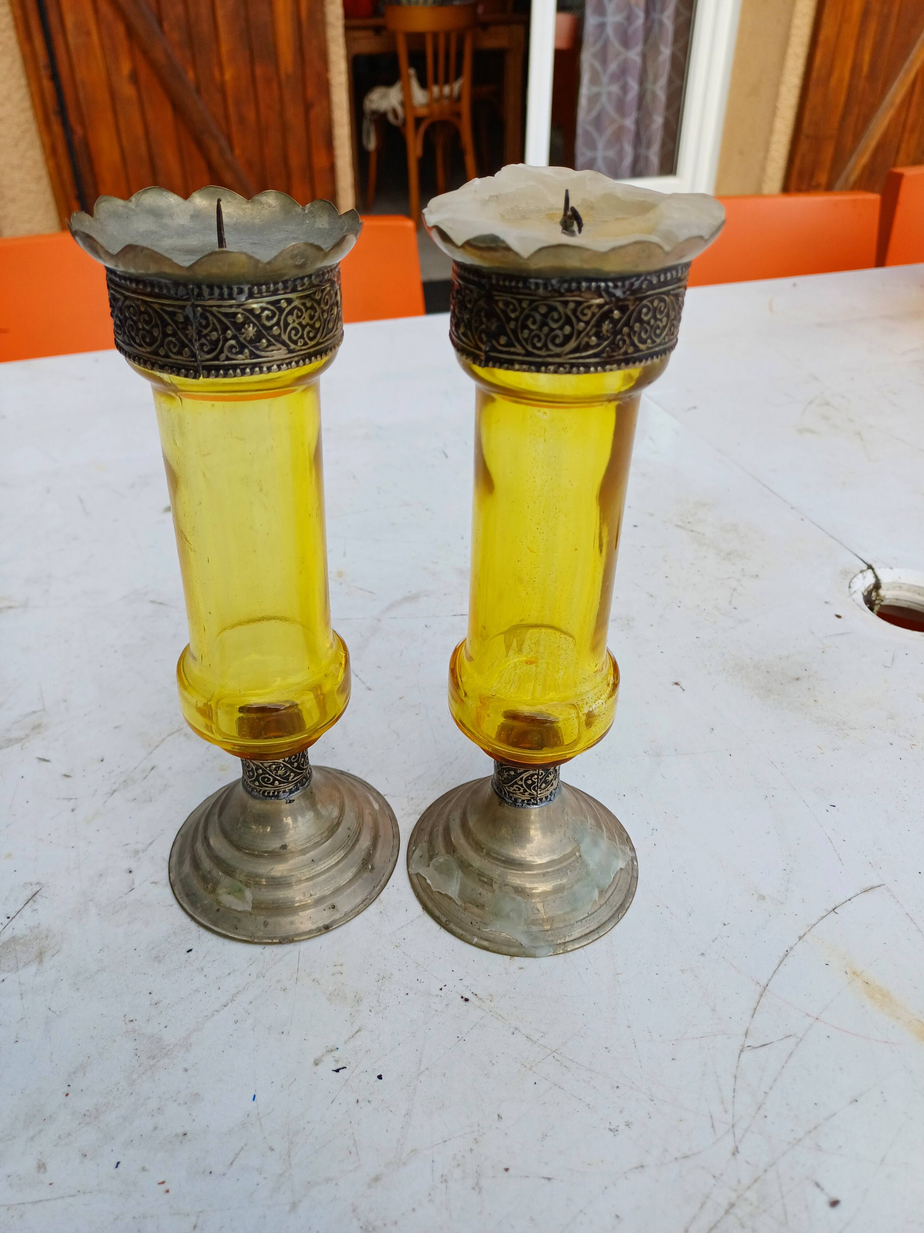 Pair of Silver Metal Candlesticks, Yellow Glass