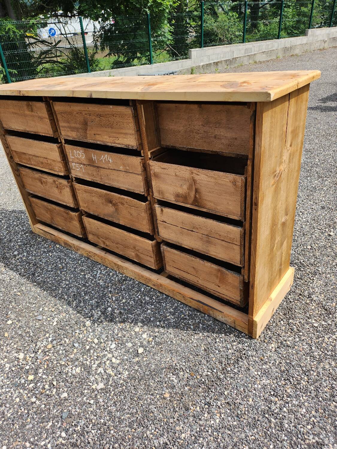 Antique fir wood workshop cabinet with drawers