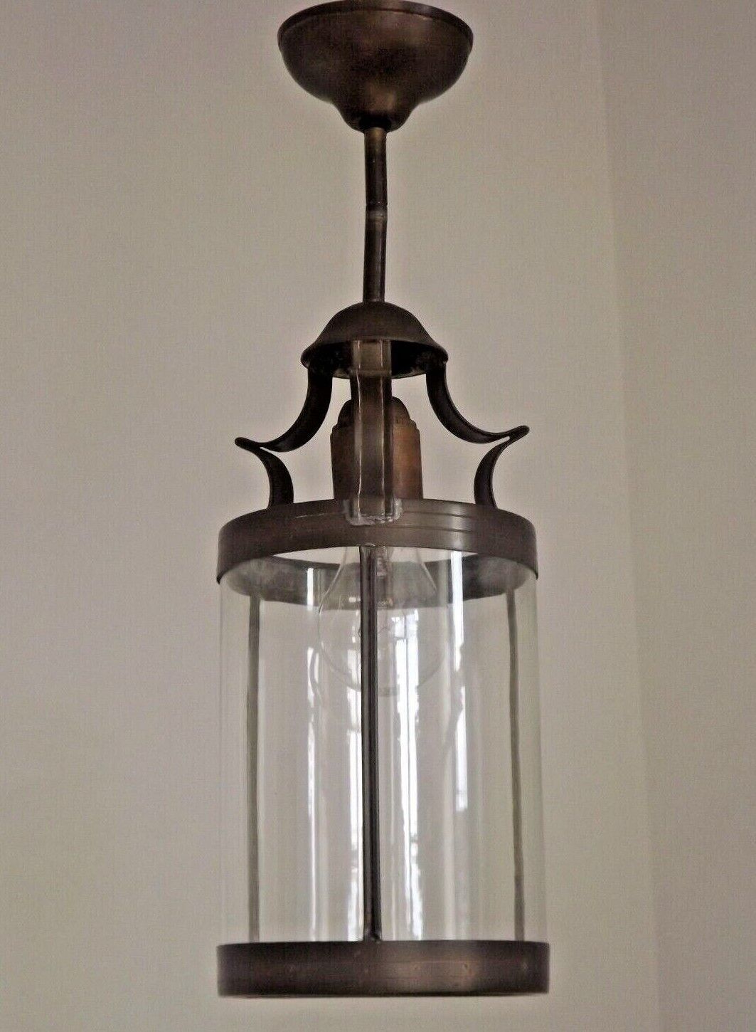Vintage French Round Hall Lantern In Copper With Cylindrical Glass Shade 3681