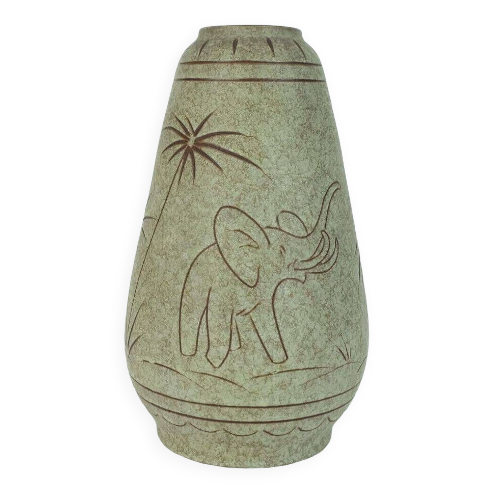 Early 1960s u-keramik mid century ceramic vase model no. 137/30 elephants and palmtrees decor