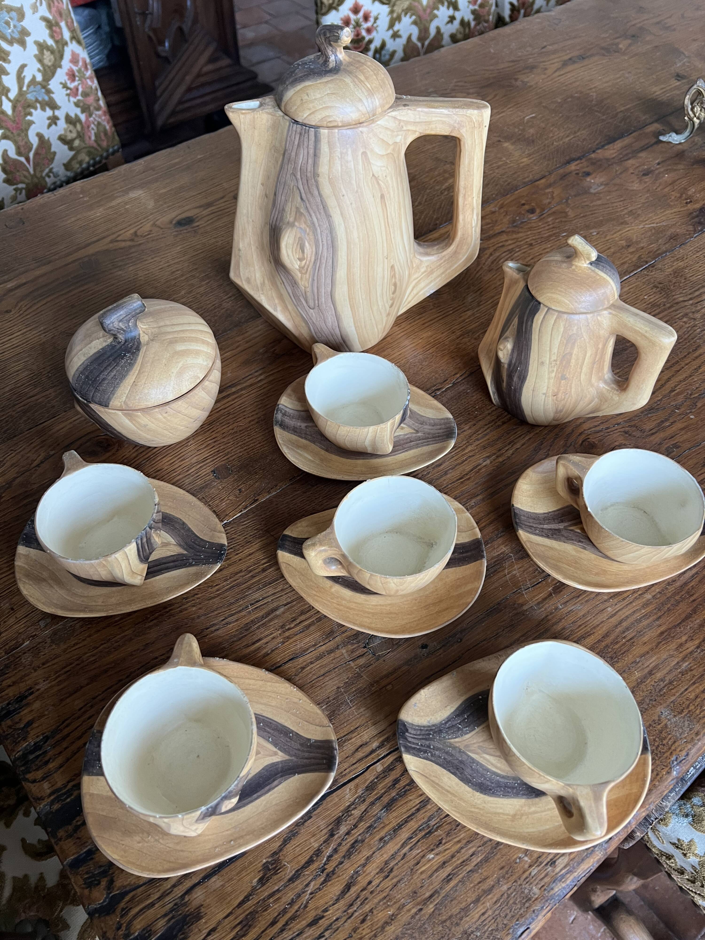 Wooden trompe-l'oeil coffee service – signed Vallauris Grandjean-Jourdan