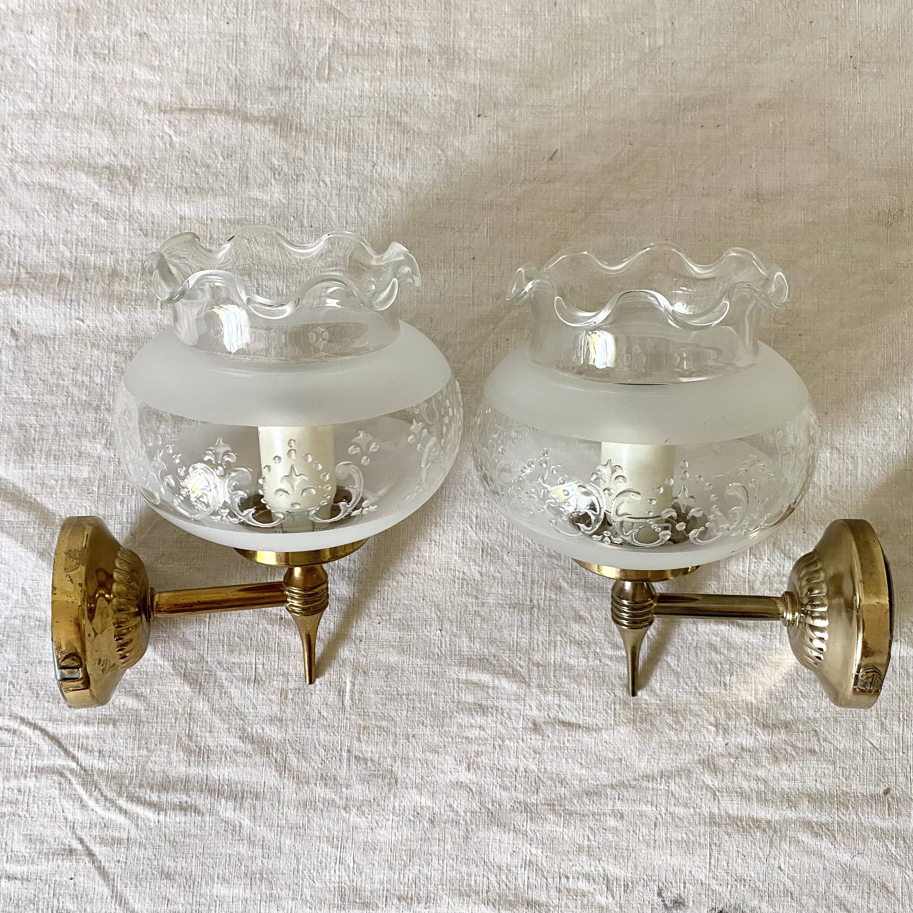 Pair of glass and brass wall lights