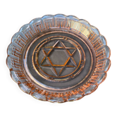 Mid-Century pink pressed glass coupe with Star of David decoration.