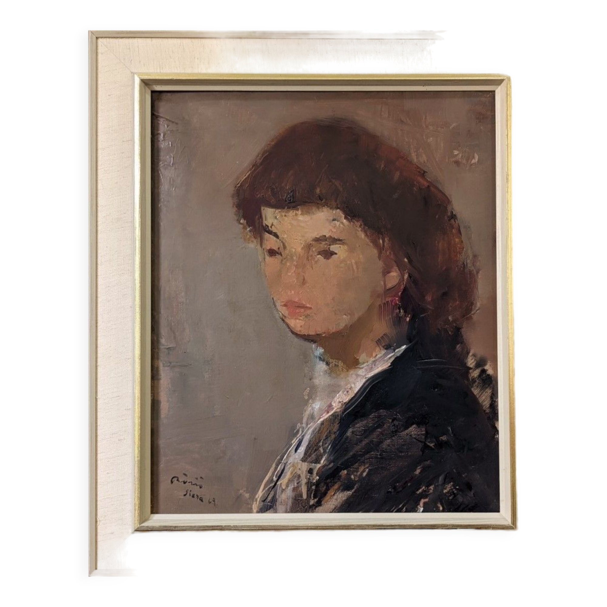 Mid-Century Modern Swedish Oil Painting "Auburn Hair" Vintage Portrait, Framed