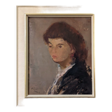 Mid-Century Modern Swedish Oil Painting "Auburn Hair" Vintage Portrait, Framed