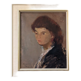 Mid-century modern Swedish oil painting "Auburn Hair" vintage portrait, framed.