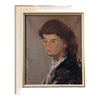 Mid-Century Modern Swedish Oil Painting "Auburn Hair" Vintage Portrait, Framed