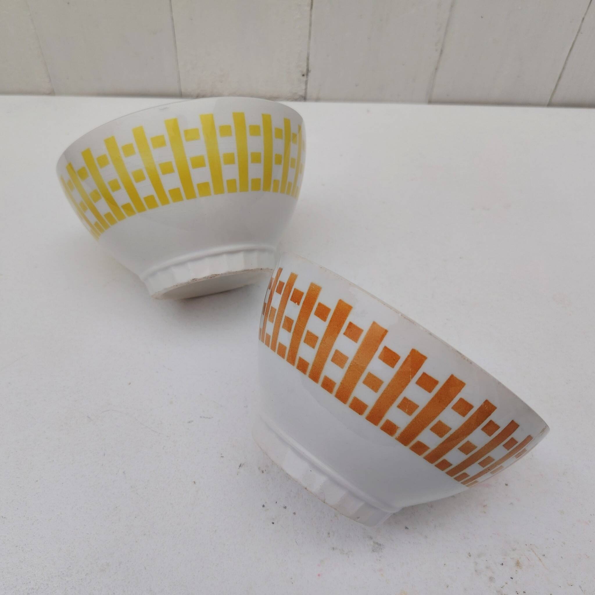 Pair of bowls, Digoin earthenware, geometric design