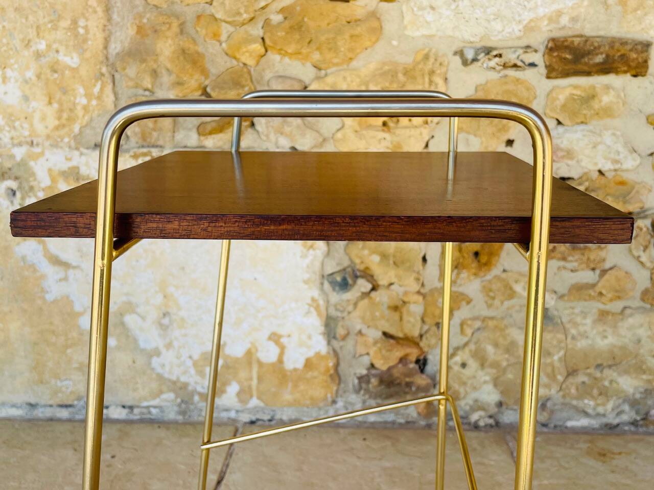 Vintage side table, 2 wooden and brass shelves, circa 1960s