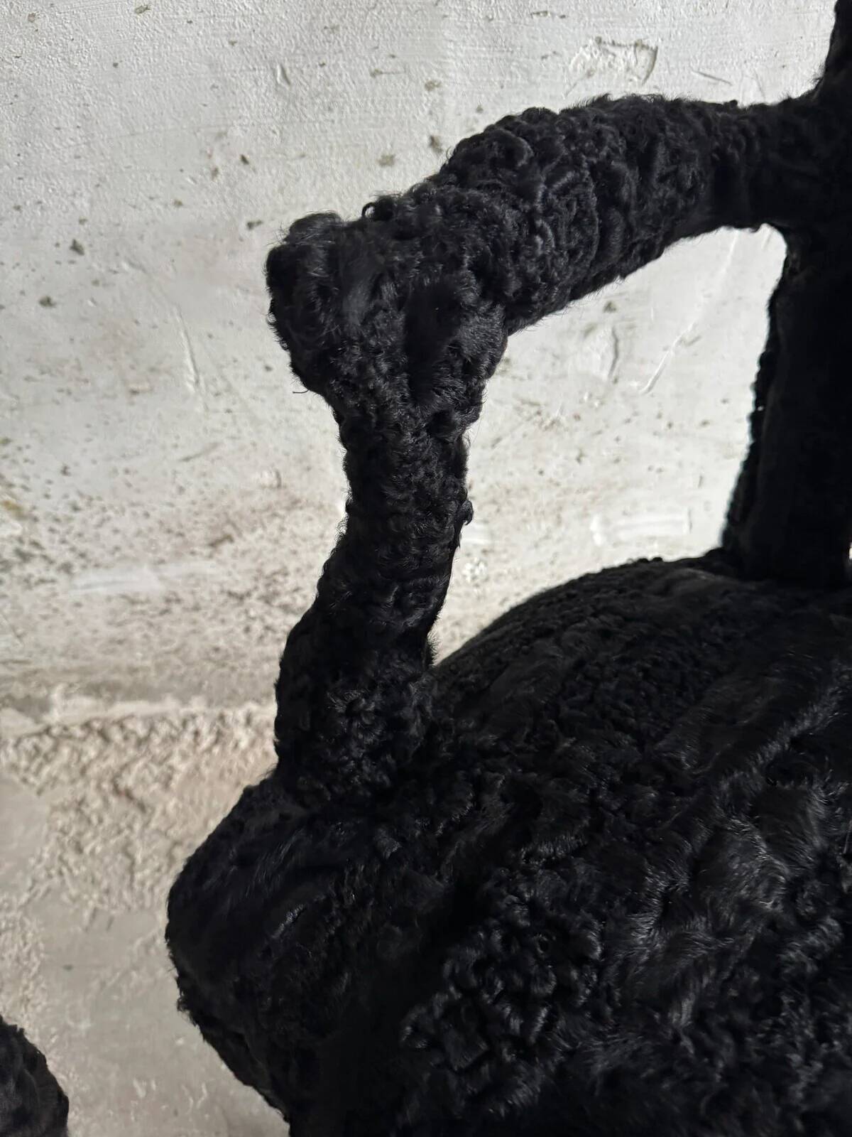 Set of 2 Black Feather-Textured Upholstered Theatrical Armchairs — Wood Frame, Dramatic Baroque Revival Style