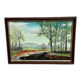 Mid-Century Oil on Panel “Water Canal” by He 84, Signed & Framed 33x23 cm