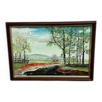 Mid-Century Oil on Panel “Water Canal” by He 84, Signed & Framed 33x23 cm