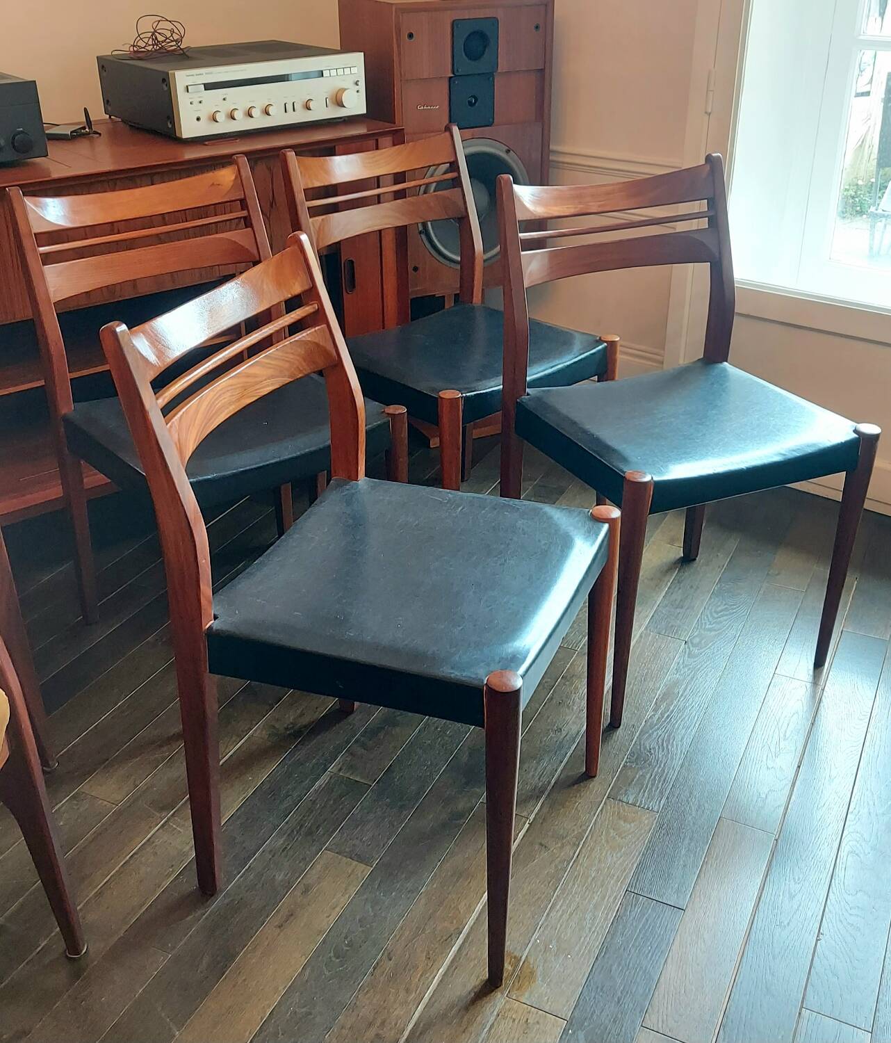 Set of 4 vintage Scandinavian chairs in teak & black skai - 1960s