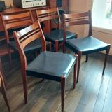 Set of 4 vintage Scandinavian chairs in teak & black skai - 1960s