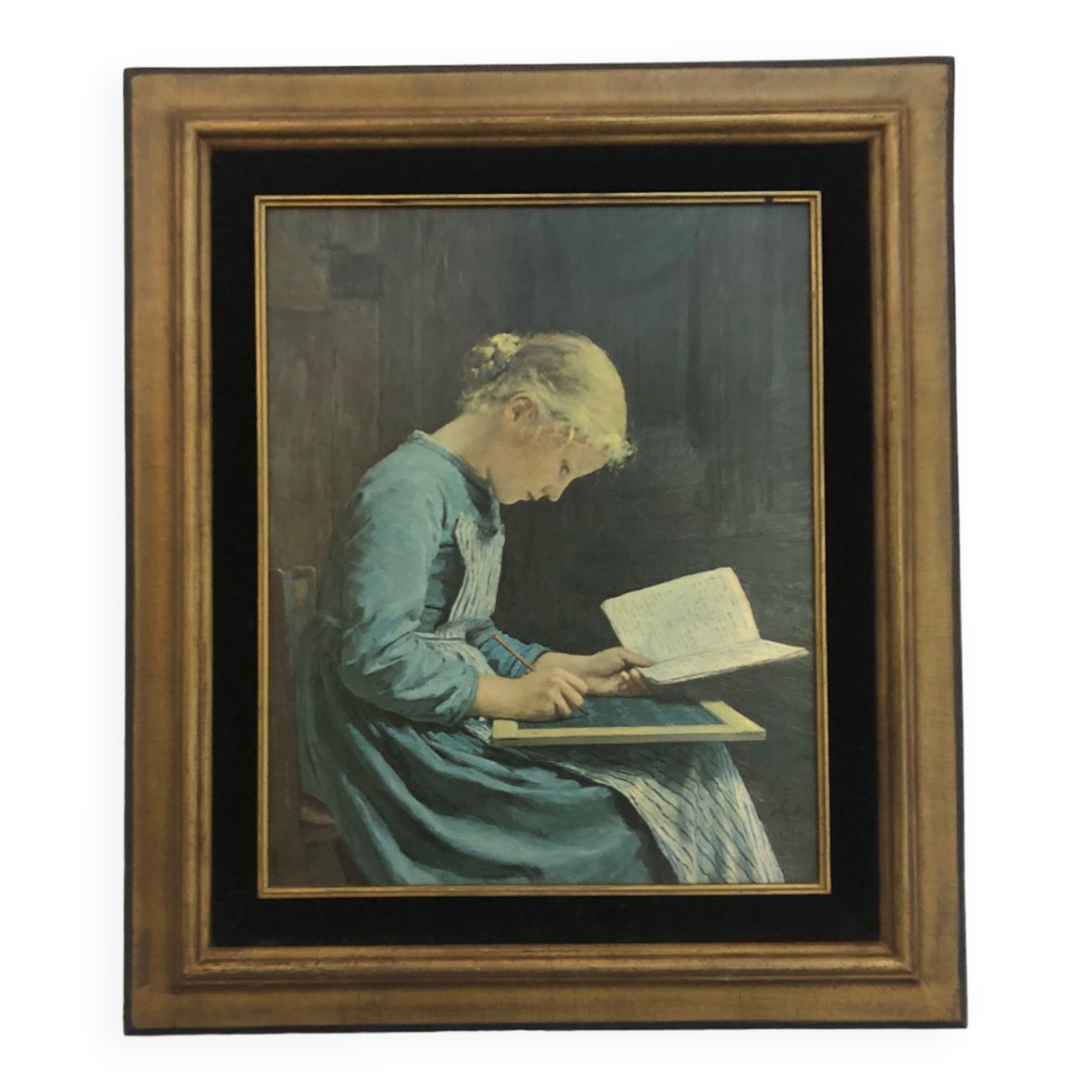 Portrait young girl reading repro worthy of Albert Anker