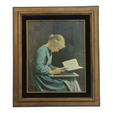 Portrait young girl reading repro worthy of Albert Anker