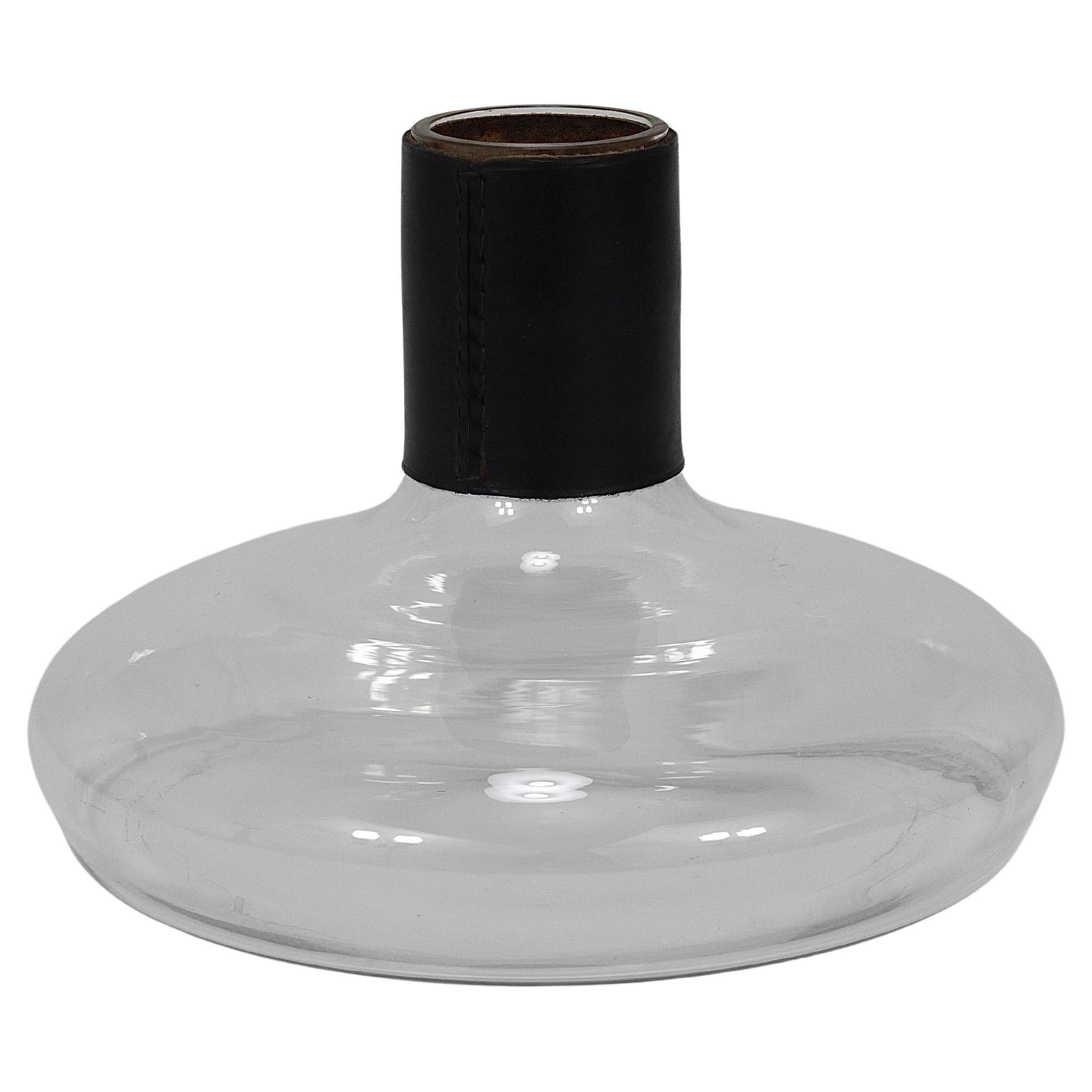 Vase Carafe Carl Aubock II with Black Leather Top, Midcentury, Austria, 1950s