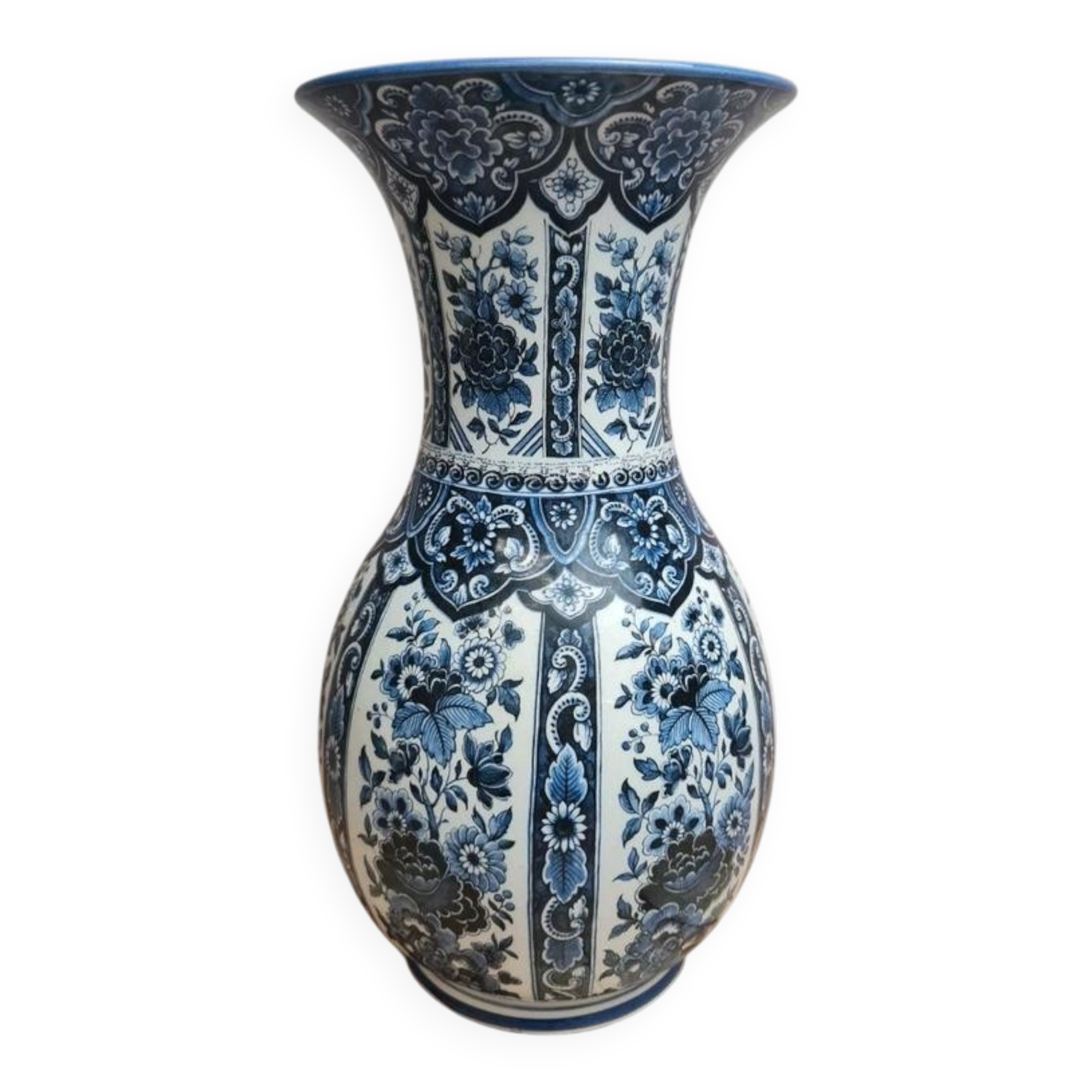 Vase vintage Delfia bleu et blanc – Grand modèle floral – Esprit Delft / hollandais