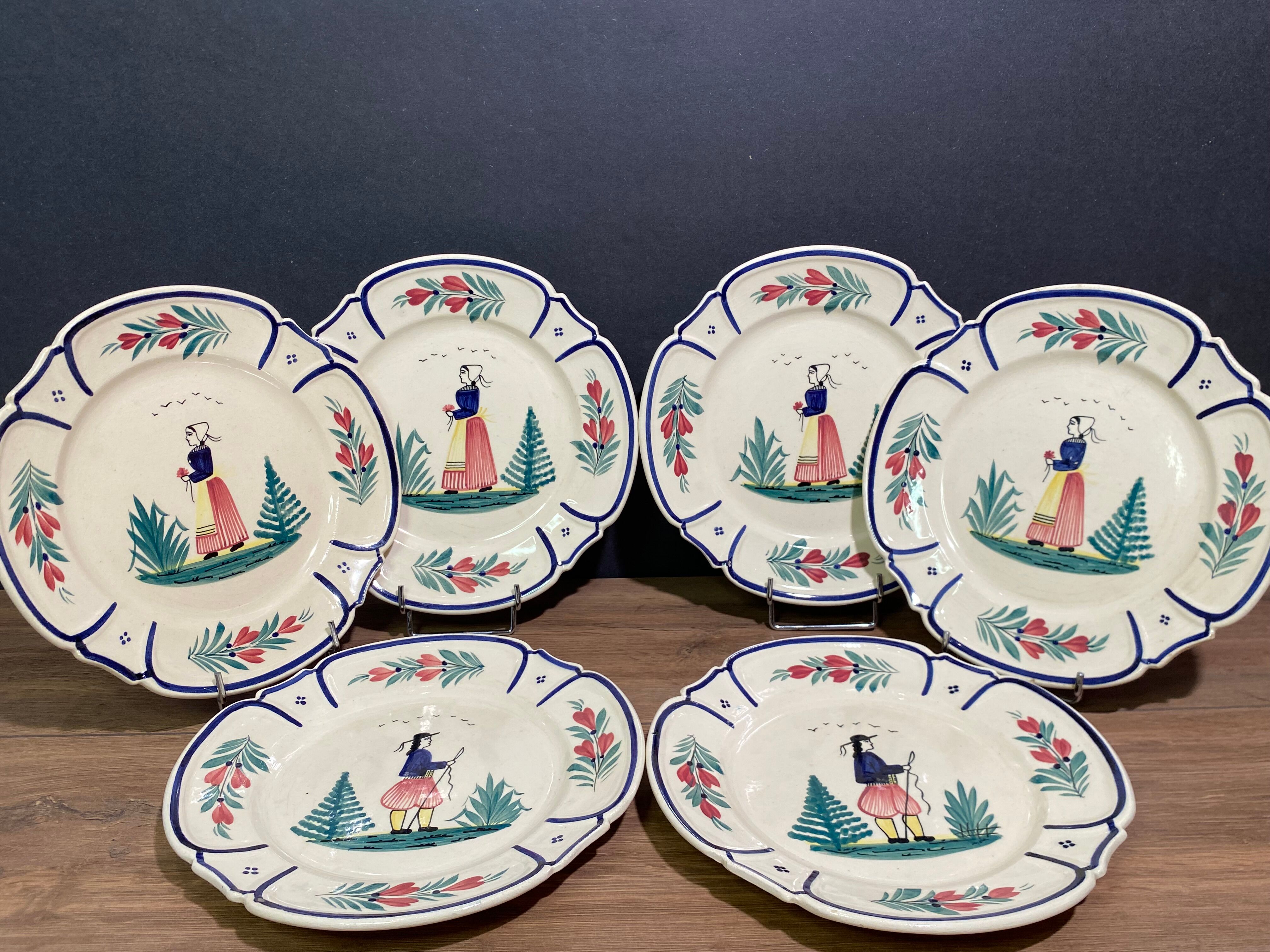 Six earthenware plates signed HB Quimper