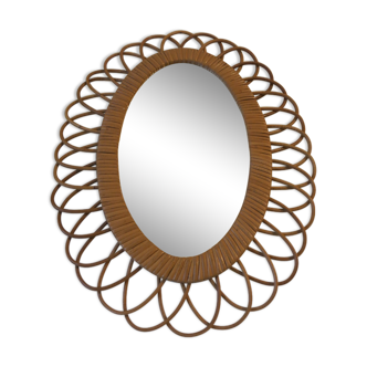 Miroir en rotin vintage 60s 70s oval en rosace