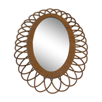 Vintage rattan mirror 60s 70s oval in rosette