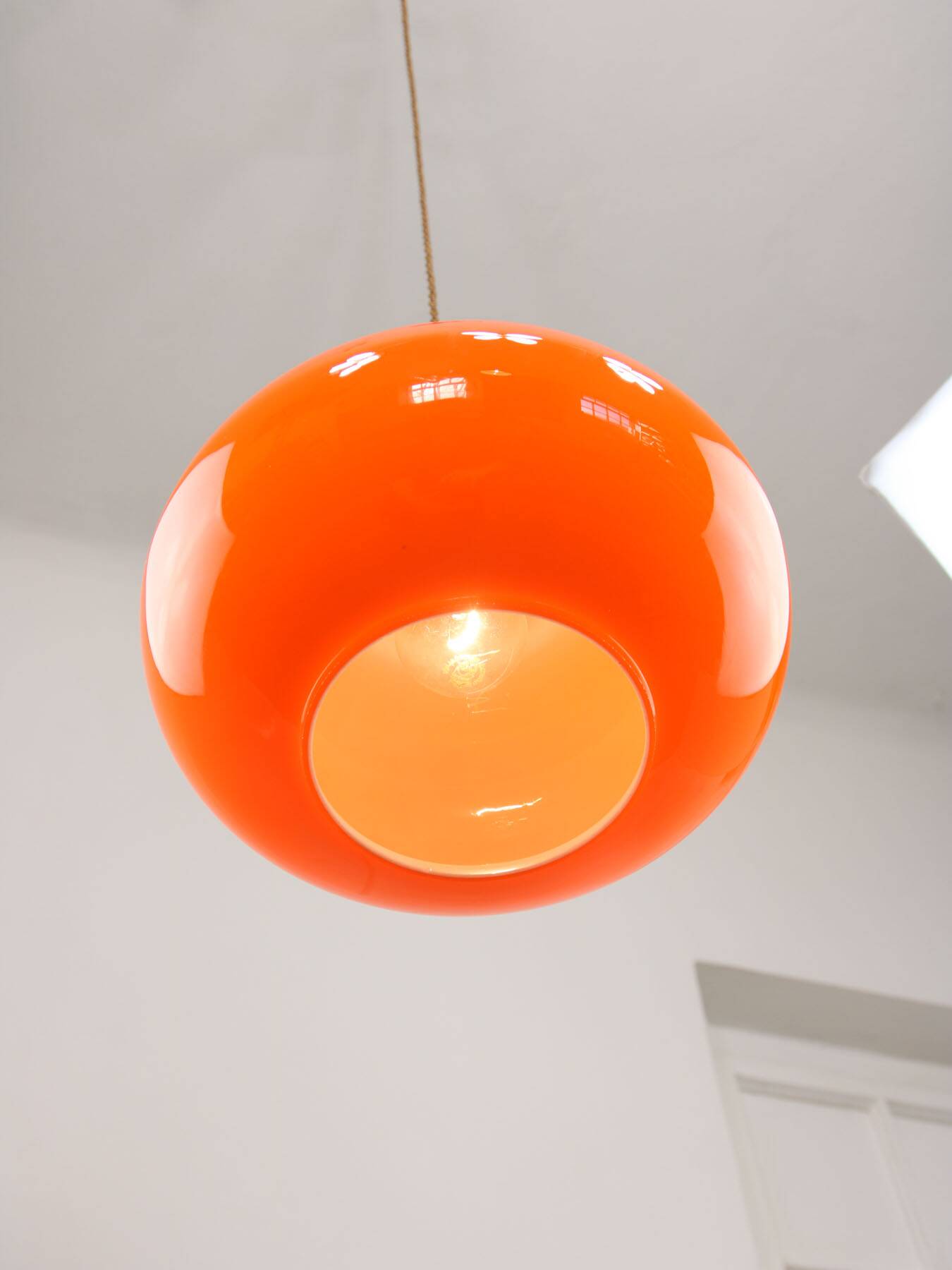 Mid-Century Italian Orange Glass and Brass Pendant Lamp