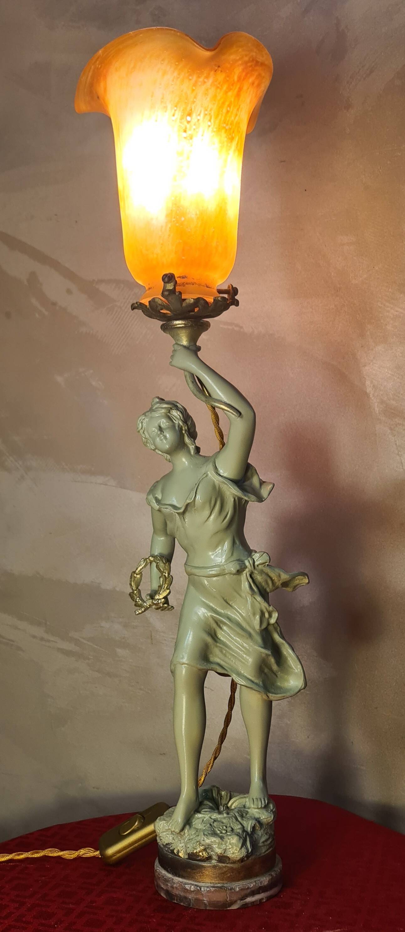 1900 brass lamp with glass paste tulip signed tief, 56x15