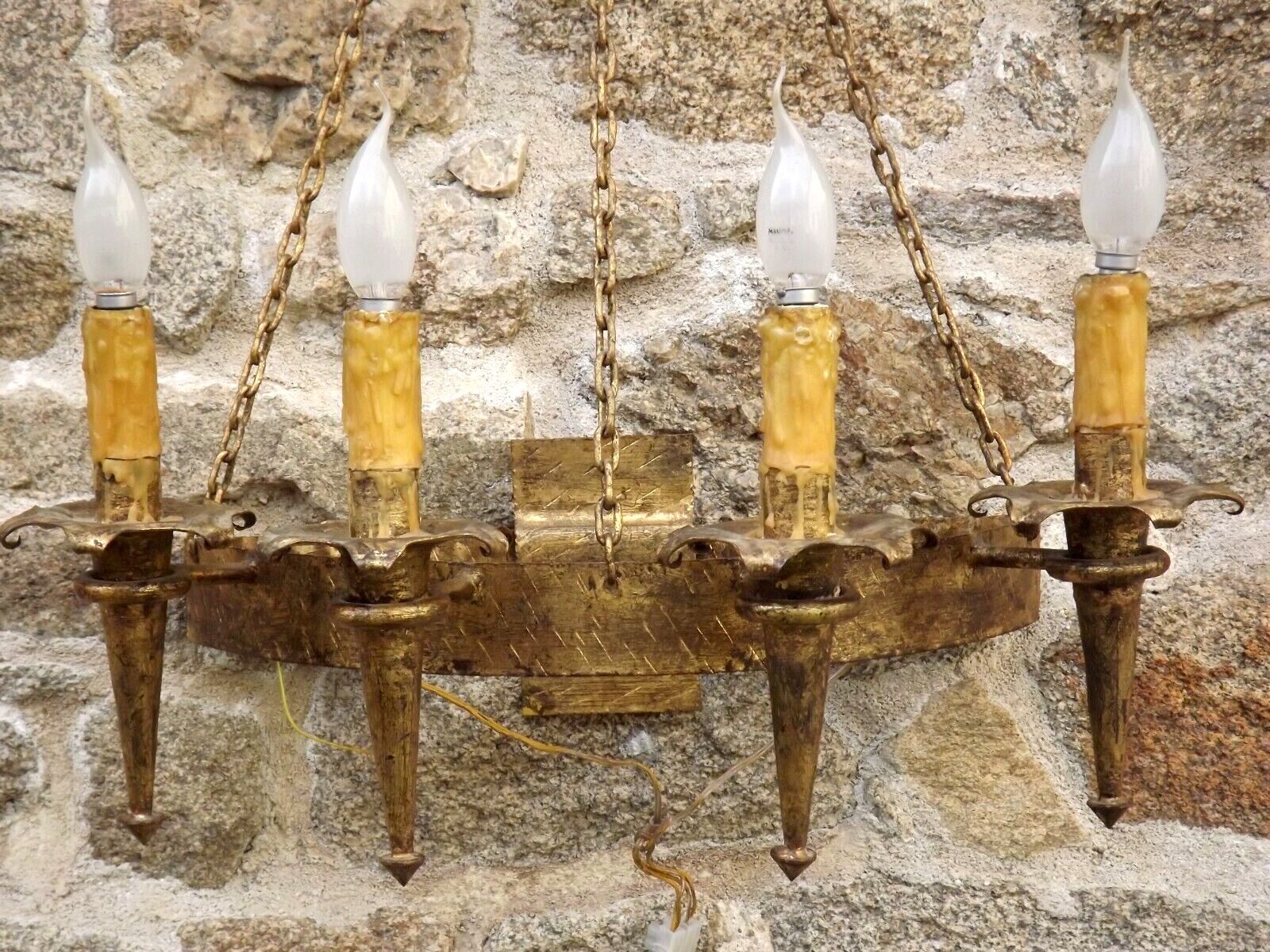 French medieval gold hand forged wrought iron 4 light hanging wall light 3894