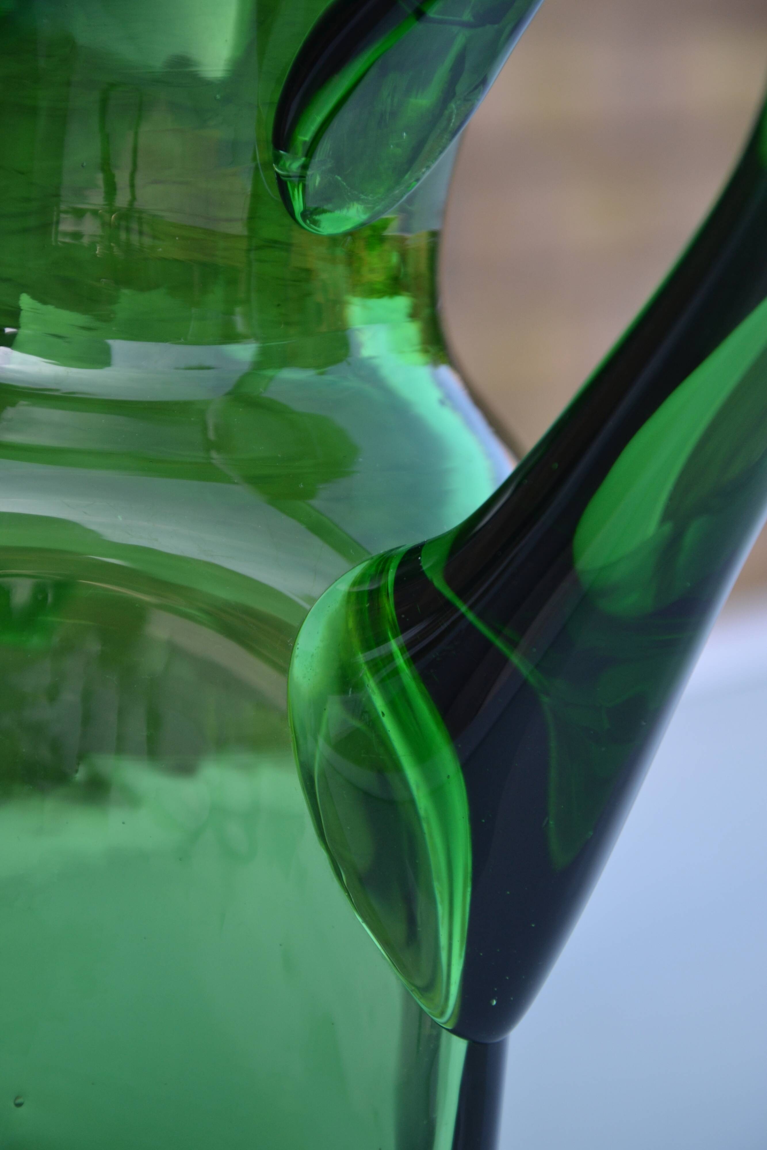Handcrafted green glass pitcher from Spain