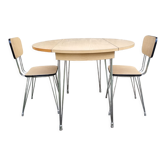 Round table formica, vintage, light wood, 2 chairs formica feet eiffel, vintage, 60s.