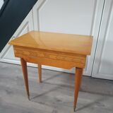 Vintage 60 year bedside table with a compass foot drawer like marquetry on the drawer