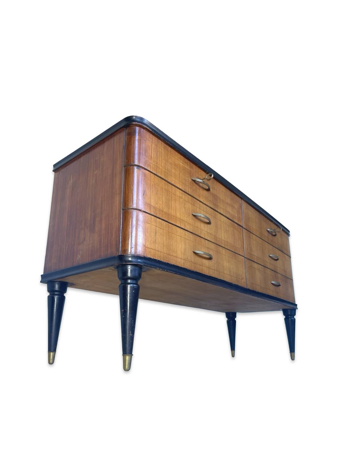Commode en acajou plaqué avec plateau en verre vert, années 1950