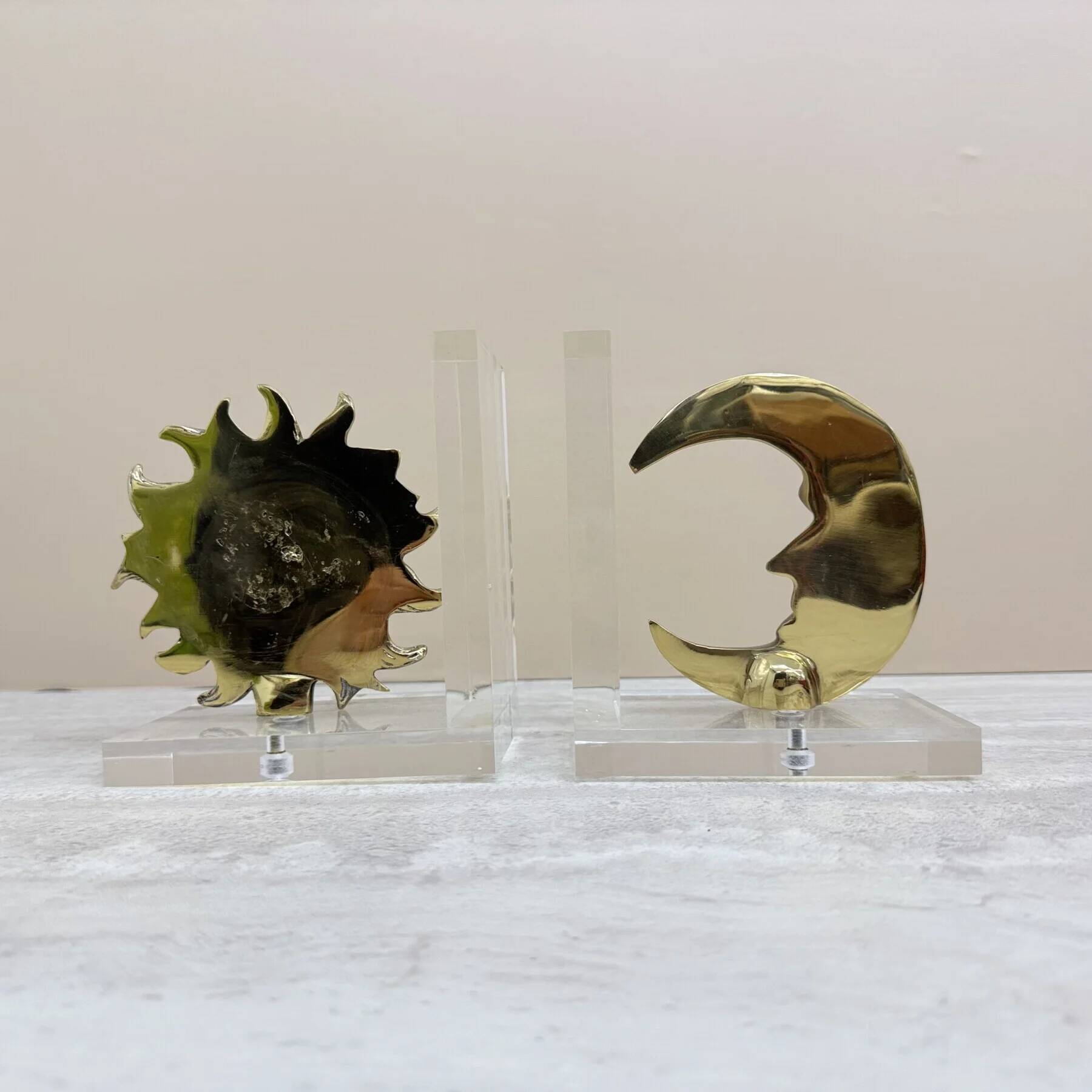 Vintage bookends sun and moon lucite and brass, 1970s